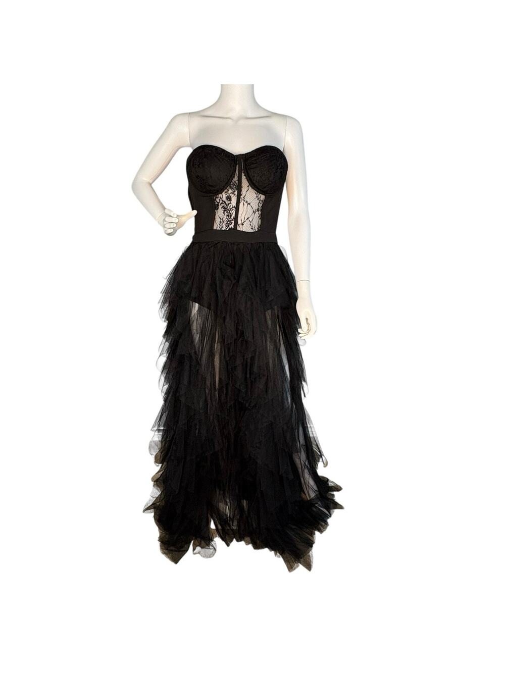 Maxi Dress Size L Strapless Corset Tiered Tulle Whimsigoth Coquette Black